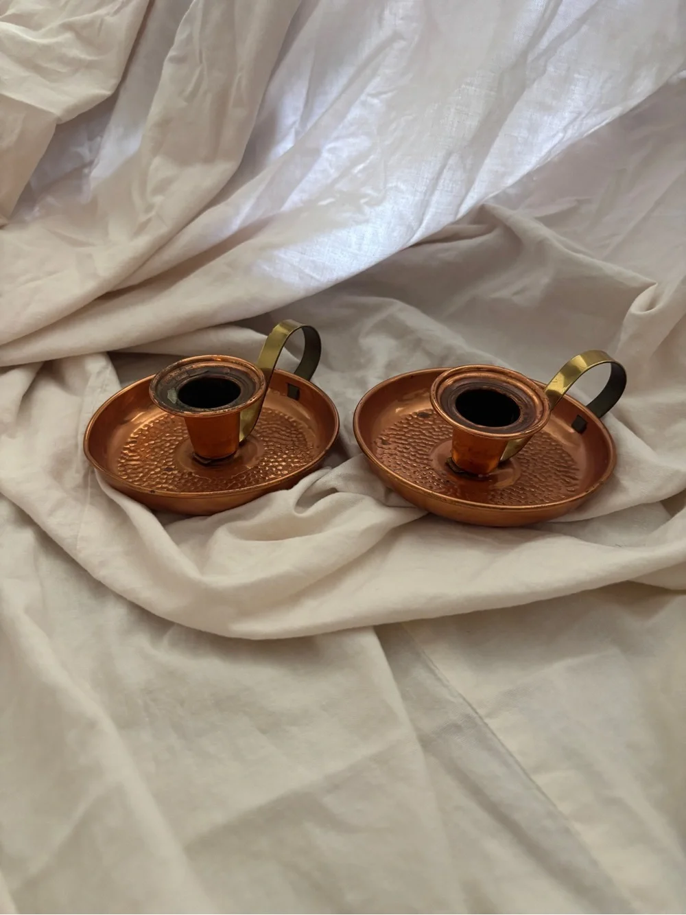 Copper Finish Taper Candle Holder Pair with Brass Handles